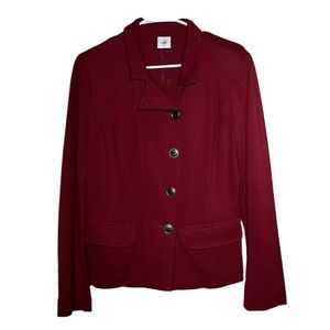 Red knit outing button up collar blazer with dual front pockets